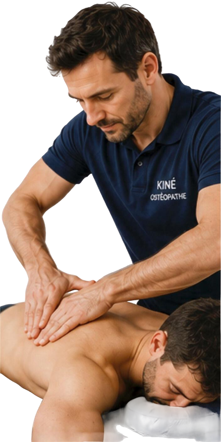 Kinésithérapeute ostéopathe réalisant un massage du dos
