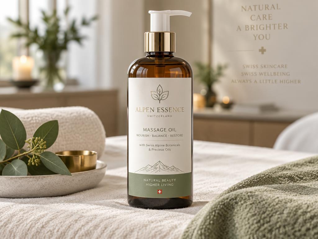 Flacon d'huile de massage professionnel personnalisé avec un logo, posé dans un environnement spa premium